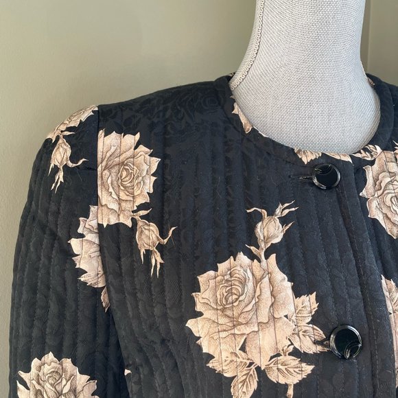 80's Vintage Asian Quilted Floral Coat Jacket Shoulder Pad M-L - Picture 2 of 4